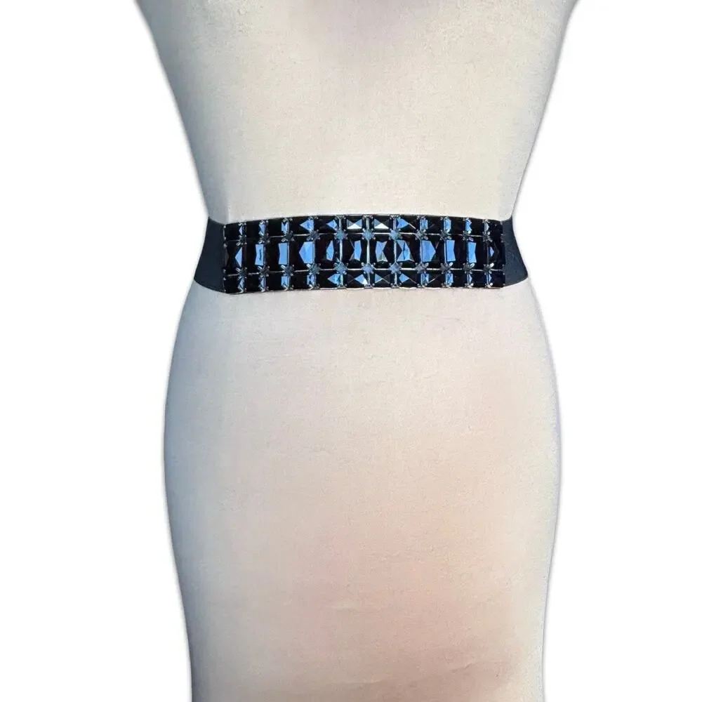 Vintage Black Elastic Faceted Stone Waist Belt Statement Studded Stretch Cinch